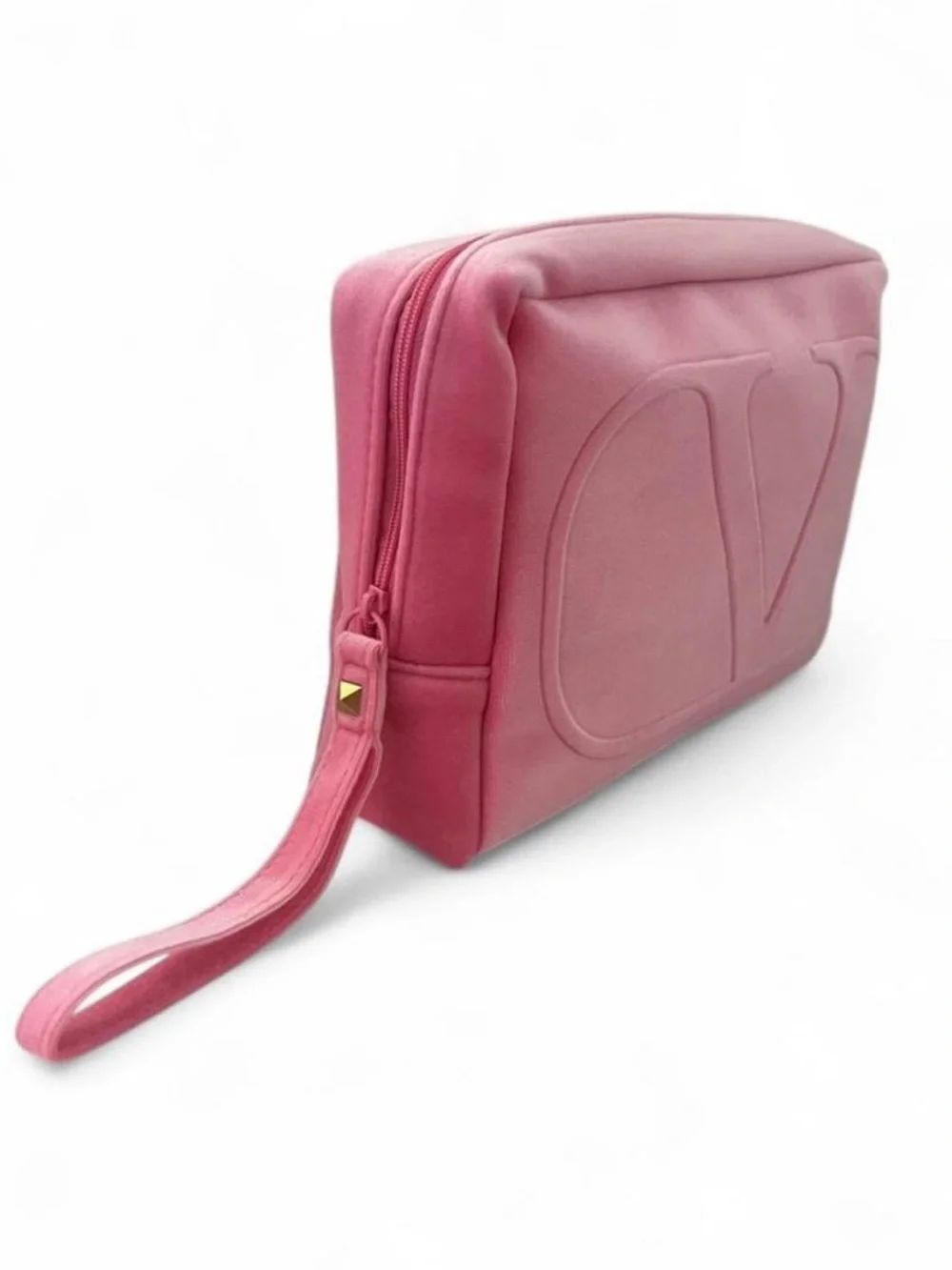 Authentic Valentino velvet Coral Pink Embossed Wristlet / makeup cosmetic bag